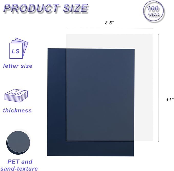 100 Pack Binding Covers Set, 8.5x11 Inches, Including 50 Pcs 12 Mil Ultra Clear PET Binding Covers, 50 Pcs 12 Mil Navy Sand Textured-DeskLoop Office