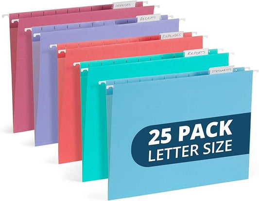 25 Blue Summit Supplies Pretty Hanging File Folders, Pastel Gem Tone Assorted Colors, Cute Hanging File Folders with Plastic Tab Inserts, Holds Letter Size Documents-DeskLoop Office