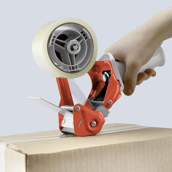 Heavy Duty Metal Frame Orange Packing Tape Dispenser 3 Inch Core with Special Ergonomic Handle, Tape Gun for Packing Boxes with Premium Tempered Steel Blade - for 3 inch Wide Roll-DeskLoop Office