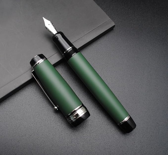Metal Big Fountain Pen Set Medium Nib 0.7mm, Includes Ink Refill Converter, 5 Ink Cartridges & Gift Box (Medium Nib 0.7mm, Matte Green with Silvery Clip)-DeskLoop Office