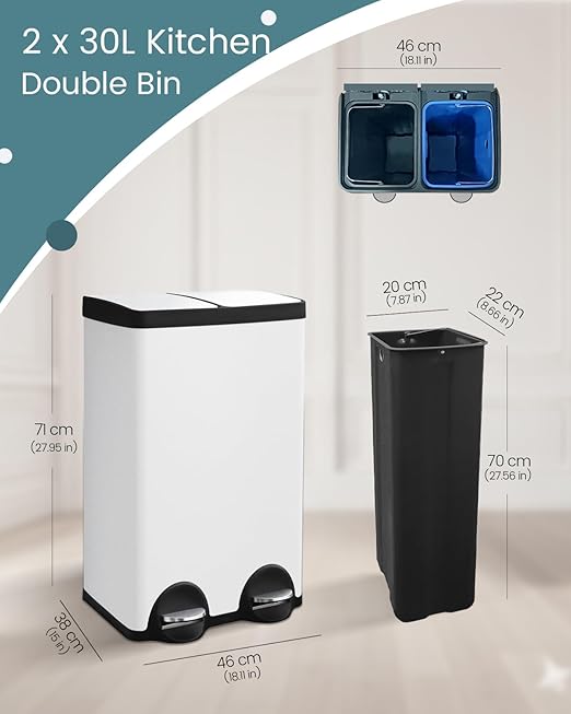 60L Dual Compartment Stainless Steel Trash Can, 16 Gallon White Kitchen Garbage Bin with Silent Sealed Lids, Pedal & Recyclable Waste Bins for Home/Office-DeskLoop Office