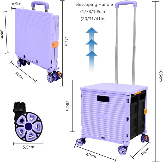 FELICON SELORSS Foldable Utility Cart Folding Portable Rolling Crate-Purple | - Image 7