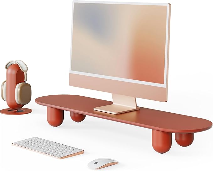 Fenge Monitor Stand Riser, 34 Inch Dual Monitor Riser for Large Monitors, Desk Organizer with Wooden Shelf & Solid Wood Legs, Computer Stand for Laptop, TV, PC, Printer, Red-DeskLoop Office