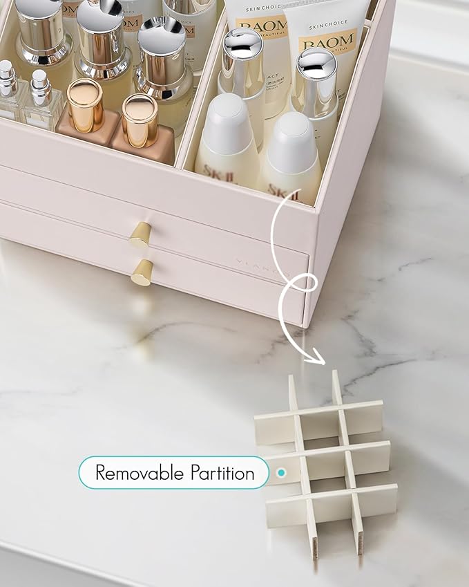 Vlando Makeup Organizer,Skincare Organizer for Vanity,PU Leather Make up Organizer with Drawers Cosmetic Display Case for Countertop,Perfume,Gifts Ideas for Women (Apricot White)-DeskLoop Office