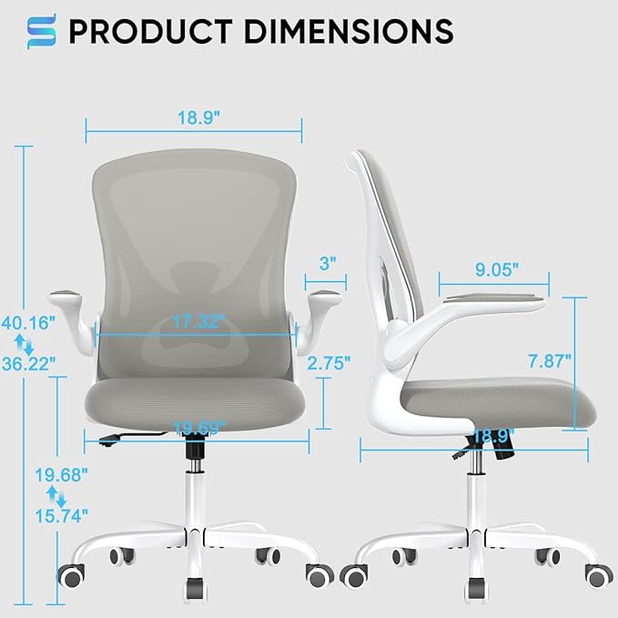 Sytas Ergonomic Desk Chair with Padded Flip up Arms and Supportive Lumbar Support, Breathable Mesh Home Office Chair with Comfortable Cushion for Home or Office(Gray)-DeskLoop Office