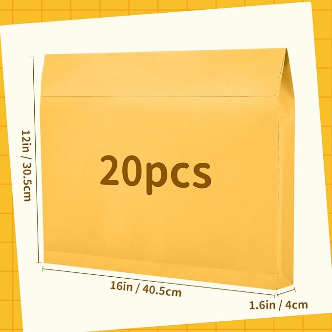 20 Pcs 12 x 16 x 1.6 Inch Large Expandable Catalog Envelopes Manilla Kraft Peel and Seal Envelopes Light Large Mailing for Office Home Documents Magazines Photos Storage Organizing (Yellow)-DeskLoop Office