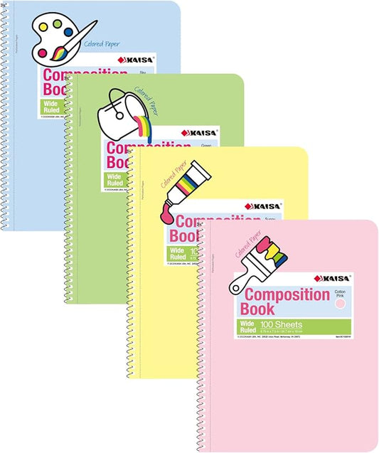 KAISA Colored Paper Spiral Notebook, Wide Ruled 7-1/2"x 9-3/4" Wirebound 1 Subject Notebooks, 100 Sheet/pad 4Pads/Pack, SC10001W-DeskLoop Office