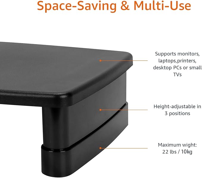 Amazon Basics Height Adjustable Rectangular Computer Monitor Riser Desk Stand with Storage for Reduced Neck Strain - Fits Monitors, Laptops Up to 22lbs, Black-DeskLoop Office