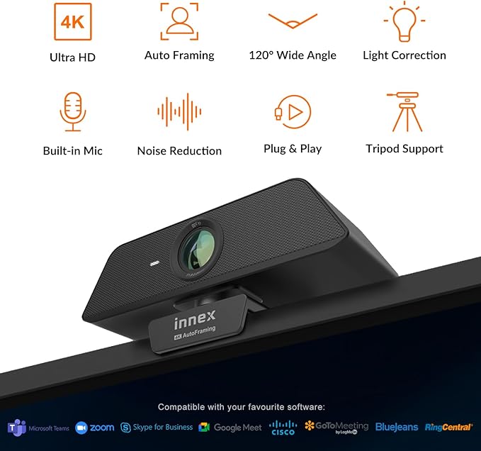 Innex C470 4K Webcam with Microphone, AI Auto-Framing, 5X Digital Zoom, Auto Light Correction, for Zoom, Microsoft Teams, 120 Degree Wide Angle Webcam for PC, Mac, Windows, Video Call, Live Streaming-DeskLoop Office
