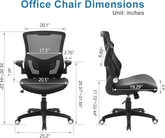 Office Chair Ergonomic Desk Chair, Computer PU Leather Home Office Chair, Swivel Mesh Back Adjustable Lumbar Support Flip-up Arms Executive Task Chair-DeskLoop Office