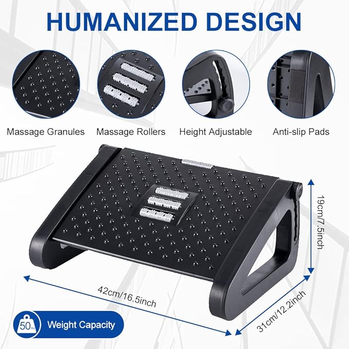 Foot Rest for Under Desk at Work - Six Heights Adjustable Under Desk Footrest - Ergonomic Foot Stools for Under Office Desks - Desks Foot Rest with Massage Rollers - Leg Rest for Chair (Black)-DeskLoop Office