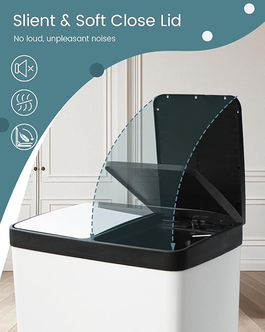 60L Dual Compartment Stainless Steel Trash Can, 16 Gallon White Kitchen Garbage Bin with Silent Sealed Lids, Pedal & Recyclable Waste Bins for Home/Office-DeskLoop Office