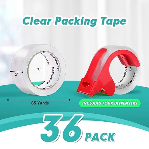 KAMOTA Packing Tape, 36 Rolls Heavy Duty Clear Packaging Tape for Shipping Packaging Moving Sealing, 2 inches Wide, 65 Yards Per Roll, Total 2340 Yards with 4 Dispensers-DeskLoop Office
