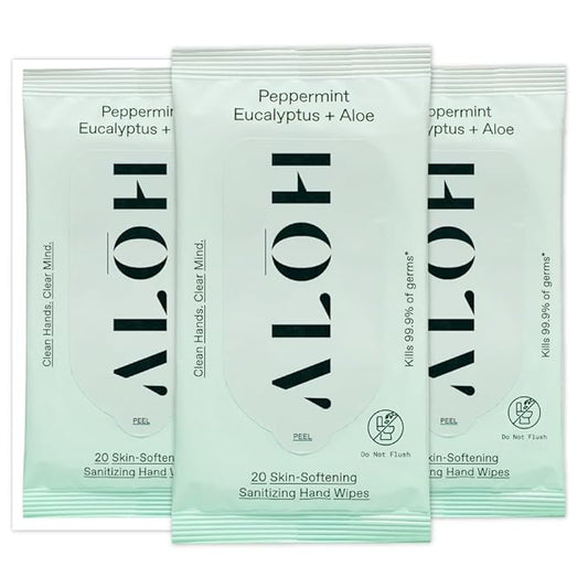 ALŌH Peppermint Eucalyptus + Aloe Sanitizing Hand Wipes - Clean Hands, Clear Mind On The Go Sanitizer for Kids and Adults - Travel Size 3 Pack 20ct Wipes (60 Wipes)-DeskLoop Office