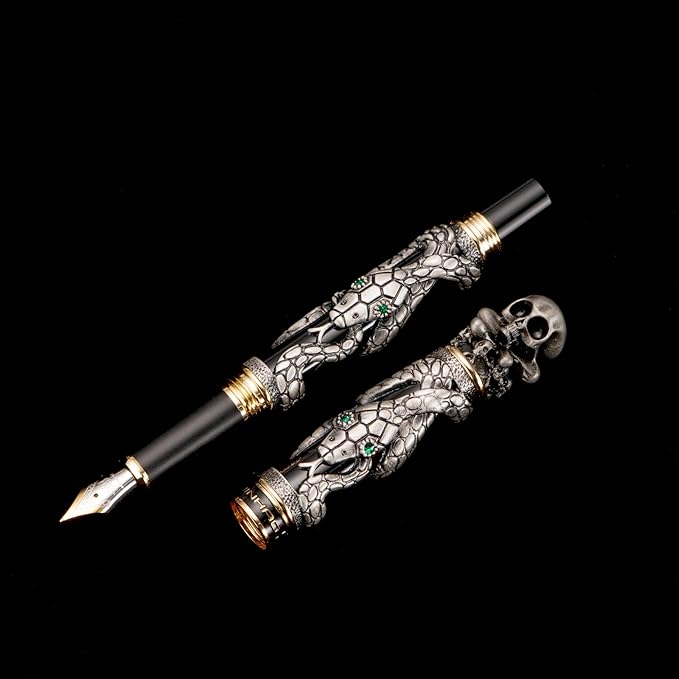 Jinhao Black Snake Fountain Pen Medium Nib Retro Style with Skull Head Solid Metal and Paper Pen Case Set-DeskLoop Office