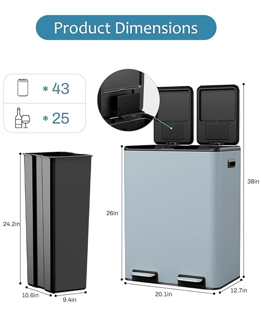 16 Gal (2 x 30 L) Dual Trash Can, Stainless Steel Kitchen Garbage Bin, Recycle Dustbin with Odor Control Box, Soft-Close Lid, Inner Buckets, Side Handle, Step Pedal, for Home Office-DeskLoop Office