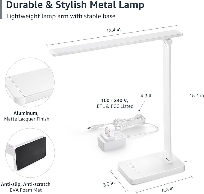 Lepro LED Desk Lamp with USB Charging Port Dimmable Home Office Touch Control Reading Table Lamp,3 Color Modes with 5 Brightness Level, School Dorm Room Essentials, Task Lamp, Sewing, Crafting, White-DeskLoop Office