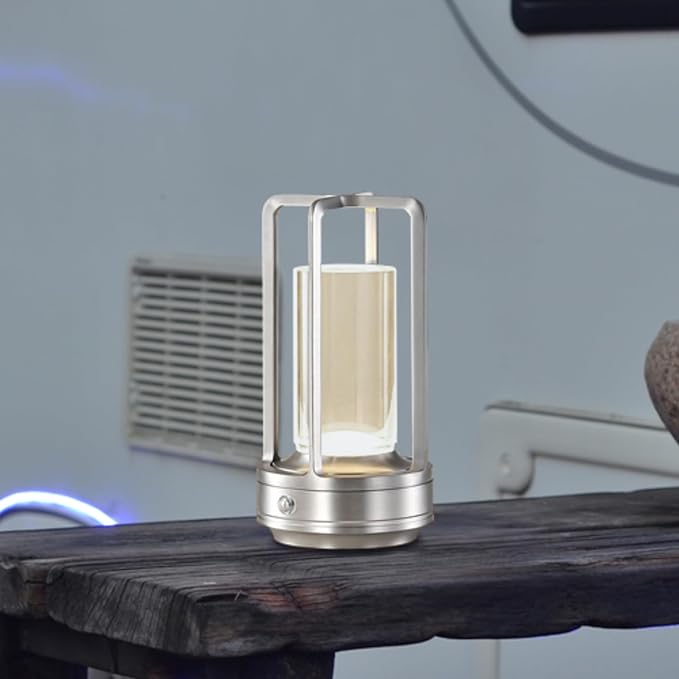 Portable Metal Table Lamp,Rechargeable Cordless LED Lamp for Indoor Outdoor, 3 Colour 4000MA Infinitely Dimming Battery Powered Small Desk Lamp, Restaurant Bedroom Bar Coffee Shop Camping Light-Silver-DeskLoop Office