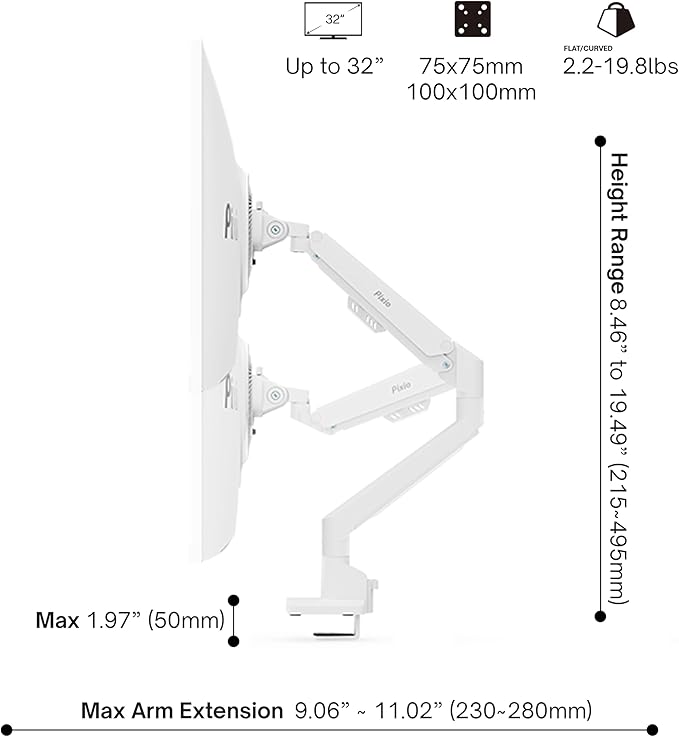 Pixio PS1S Wave White Single Monitor Arm Stand Desk Mount - Fits up to 32 inches Monitors and up to 19.8lbs. VESA Compatibility and Integrated Cable Management-DeskLoop Office