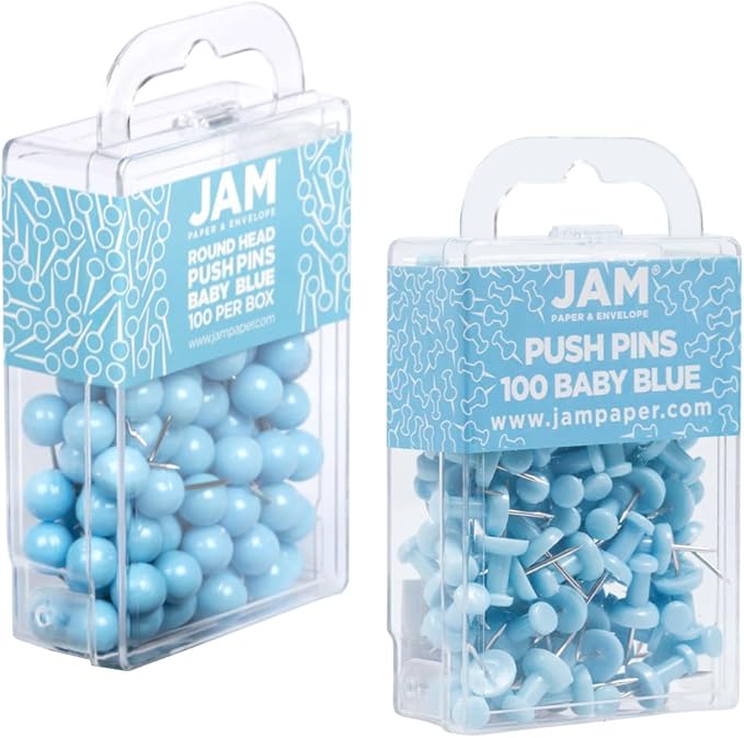 JAM PAPER Colorful Push Pins - Flat & Round Head Thumb Tack Combo Set - Baby Blue Pushpins - 200/Pack-DeskLoop Office