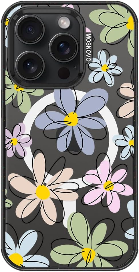 MOSNOVO Magnetic Case for iPhone 15 Pro, 10ft Military-Grade Protection, Compatible with Magsafe, Shockproof Phone Case for iPhone 15 Pro - Linear Blooms - Clear Black-DeskLoop Office