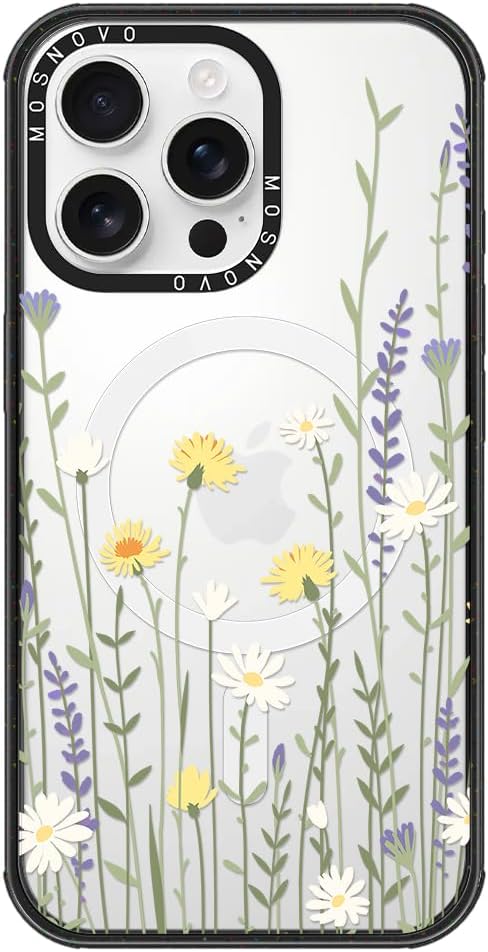 MOSNOVO Magnetic Case for iPhone 16 Pro Max, 10ft Military-Grade Protection, Compatible with Magsafe, Shockproof Phone Case for iPhone 16 Pro Max - Wild Meadow - Clear Black-DeskLoop Office