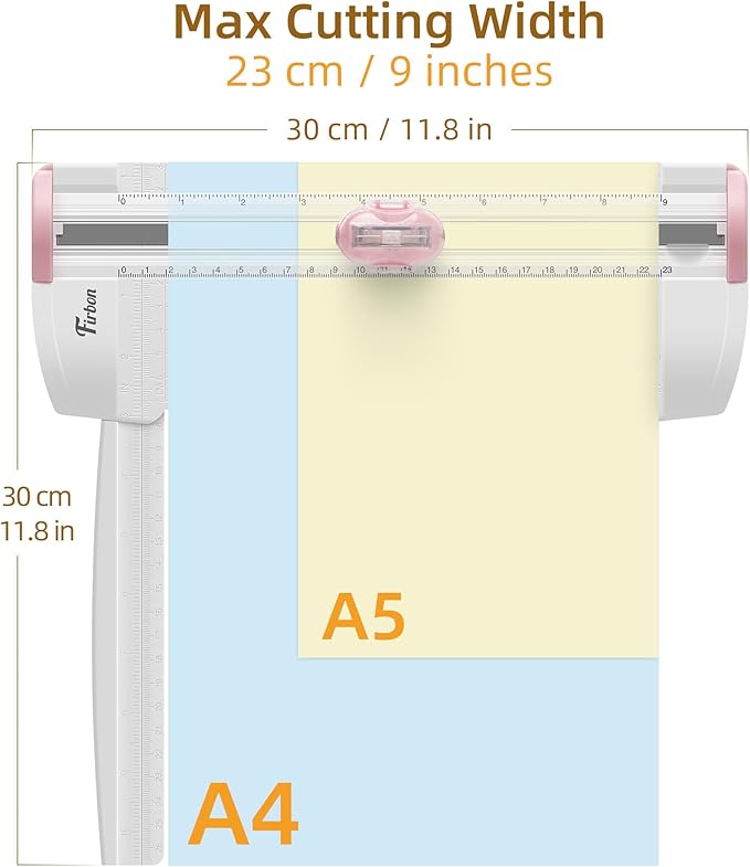 Firbon 3-in-1 Paper Cutter, 9" Compact A5 Paper Trimmer with Straight Cut, Scoring & Perforating Blades for Cardstock, Scrapbooking, Crafting, Labels & Home Office (Pink)-DeskLoop Office