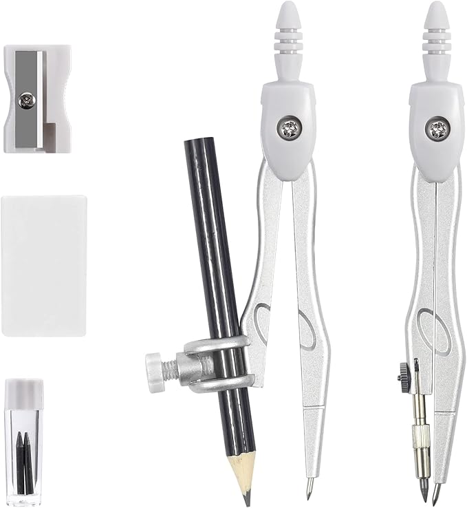 Math Geometry Sets 10 Piece Student Supplies with Shatterproof Storage Box,Includes Rulers,Protractor,Compass,Eraser,Pencil Sharpener,Lead Refills,Pencil,for Drafting and Drawings(Grey)-DeskLoop Office