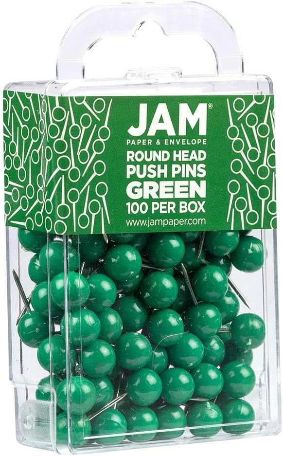JAM PAPER Colorful Push Pins - Round Head Map Thumb Tacks - Green Pushpins - 100/Pack-DeskLoop Office