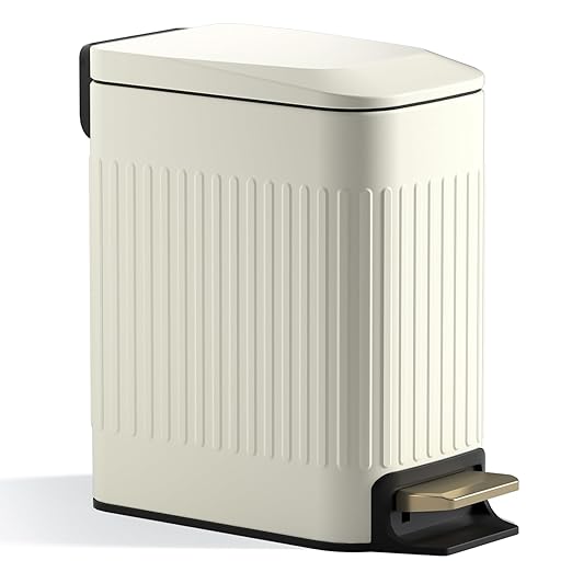 Small Bathroom Trash Can with Lid Soft Close-6L/1.6 Gal Slim Step Garbage Can-Metal Pedal Wastebasket-Narrow Rectangle Garbage Container Bin for Corner Office, Bedroom, Toilet, Live Room-Beige-DeskLoop Office