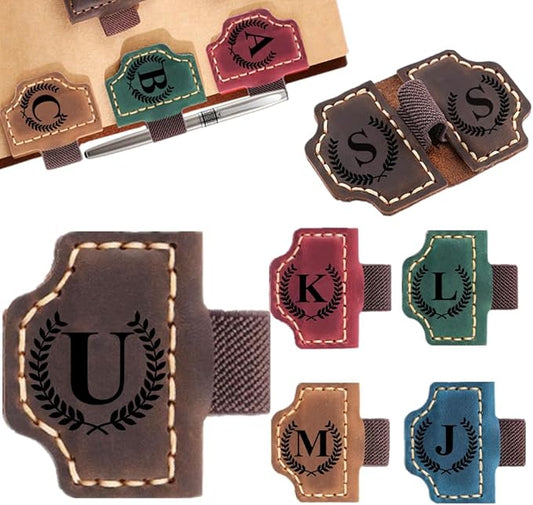 Custom Bookmark with Pen Holder with 26 Letters Personalized Magnetic Leather Book Mark, Customized Name Book Marker Clip with Initial for Men Women, Gifts for Book Lovers, Readers, (Coffee, U)-DeskLoop Office