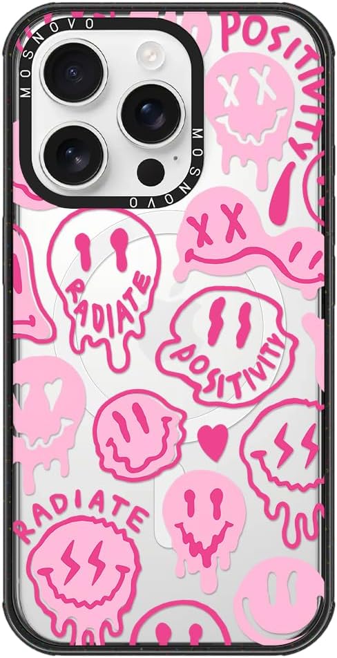 MOSNOVO Magnetic Case for iPhone 16 Pro, 10ft Military-Grade Protection, Compatible with Magsafe, Shockproof Phone Case for iPhone 16 Pro - Pink Dripping Smiles - Clear Black-DeskLoop Office