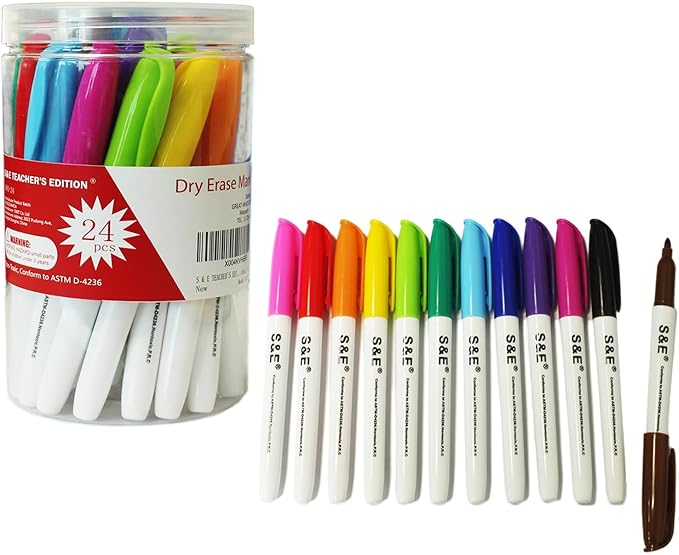 S & E TEACHER'S EDITION 24 Pcs Dry Erase Markers, 12 Assorted Colors with Low-Odor Ink, Fine Tips Whiteboard Markers, for School, Office, Home-DeskLoop Office