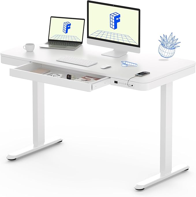 FLEXISPOT Comhar Electric Standing Desk with Drawers Charging USB A to C Port, Height Adjustable 48" Whole-Piece Home Office Computer Laptop Table with Storage (White Top + Frame)-DeskLoop Office