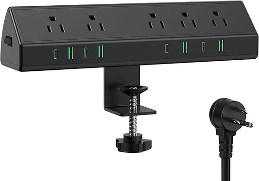 45W Fast Charging Station,Desk Clamp Power Strip,4 PD USB-C Ports,5 AC Outlets,Surge Protector Power Strip, 14AWG Heavy Duty Cord, Fits 1.9" Tabletop Edge (Black, 20 FT Cable)-DeskLoop Office