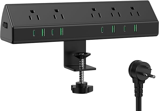 45W Fast Charging Station,Desk Clamp Power Strip,4 PD USB-C Ports,5 AC Outlets,Surge Protector Power Strip, 14AWG Heavy Duty Cord, Fits 1.9" Tabletop Edge (Black, 10 FT Cable)-DeskLoop Office