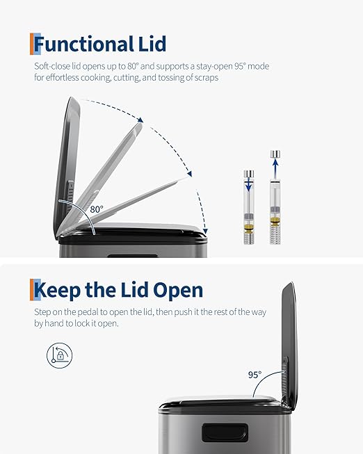 GarveeHome 2 x 8 Gallon Stainless Steel Double Trash Can with Lid for Kitchen, Large Dual Trash and Recycle Bin Combo, Step-on Kitchen Metal Garbage Cans, PP Inner Buckets, Liner Rim, Matte Grey-DeskLoop Office