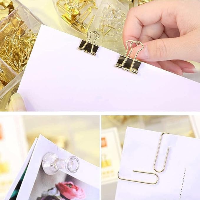 10 Pack, Gold Paper Clips and Binder Clips Set, Metal Assorted Sized Binders with Push Pins, Cute Gold Office Supplies for Desk, Desk Accessories-DeskLoop Office