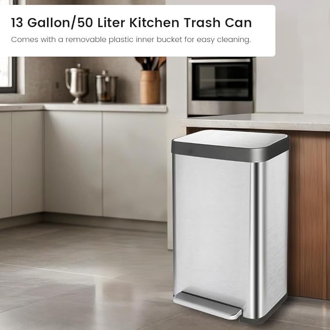 50 Liter / 13 Gallon Trash Can, Fingerprint Proof Stainless Steel Kitchen Trash Can with Removable Inner Bucket, Step Trash Bin for Home Offices and Public Areas-DeskLoop Office