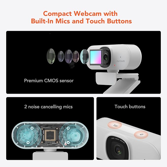 NUROUM V15AF 2K Webcam for PC, 1080p 60FPS AutoFocus Web Camera with Microphone, Privacy Cover and Mute, 75°FOV Dual Microphone USB FHD Computer Camera, Plug and Play for Zoom/Skype/Teams, White-DeskLoop Office