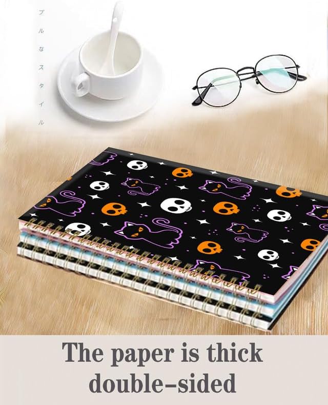 Spiral Journal Notebook,A5 Hardcover Lined Journals for Women Girl 6 x 8.3 in,120 Pages Thick Paper,Cute College Ruled Writing Notebook for Gifts Office Work School(Halloween Skull Cat)-DeskLoop Office