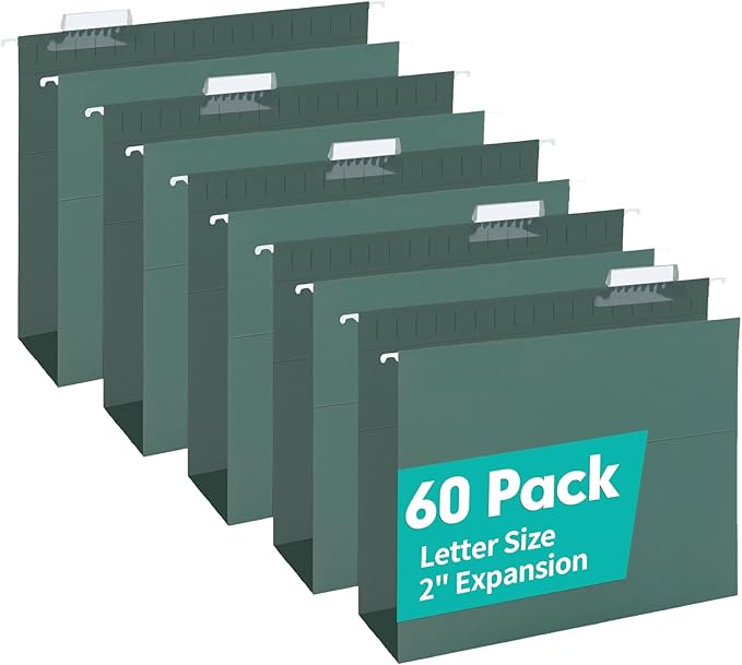 HERKKA Extra Capacity Hanging File Folders, 60 Pack Reinforced Letter Size Hanging Folders with Heavy Duty 2 Inch Expansion, Designed for Bulky Files, Medical Charts, Green-DeskLoop Office