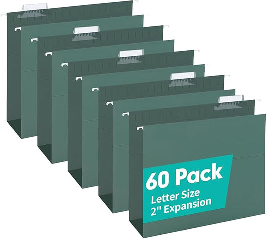 HERKKA Extra Capacity Hanging File Folders, 60 Pack Reinforced Letter Size Hanging Folders with Heavy Duty 2 Inch Expansion, Designed for Bulky Files, Medical Charts, Green-DeskLoop Office