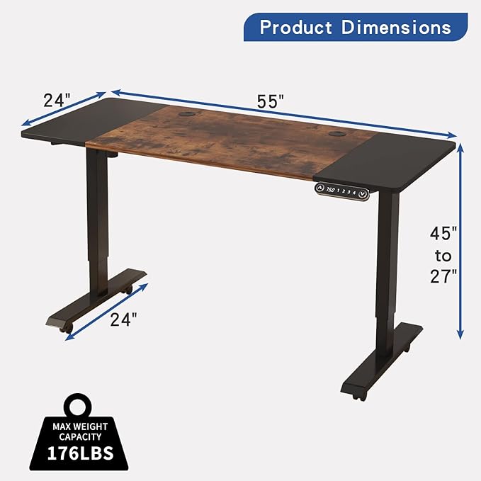 Electric Adjustable Height Standing Desk, 55 x 24 inches Sit - Stand Desk for Work or Home Office 4 Preset Heights Easy to Set, Rustic Brown + Black Splice Board/Black Frame-DeskLoop Office