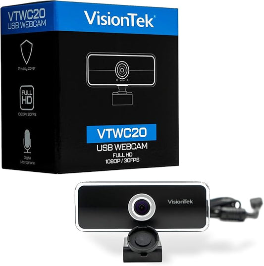 VisionTek VTWC20 Full HD (1080P 30FPS) Webcam, for Windows, Mac, Linux, & Chromebook w/Digital Microphone, Auto Focus, Privacy Cover, & Wide Viewing Angle-DeskLoop Office