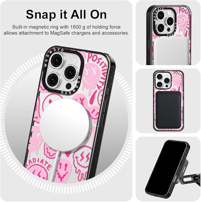 MOSNOVO Magnetic Case for iPhone 16 Pro, 10ft Military-Grade Protection, Compatible with Magsafe, Shockproof Phone Case for iPhone 16 Pro - Pink Dripping Smiles - Clear Black-DeskLoop Office