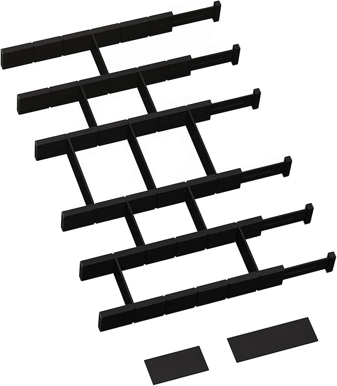 6 Pack Bamboo Drawer Dividers with 12 Inserts, Expandable Adjustable Clothes Drawer Organizers and Storage from 17" to 22" for Kitchen, Bedroom, Dresser, Cosmetics (Black)-DeskLoop Office
