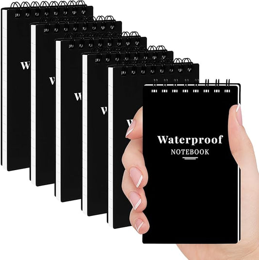 6 Pack Waterproof Notebook, 3x5 Pocket Notepad, Small Top Spiral Stone-Paper Notepad, Mini Pocket Notebook, Little Memo Note Pads for Outdoor, Office, School, Travel (Black)-DeskLoop Office