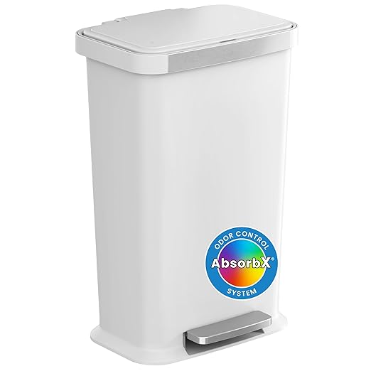 iTouchless SoftStep 13.2 Gal / 50L Step Pedal Kitchen Trash Can with Odor Filter, Durable Dent-Proof Construction and Stainless Steel Trim, Garbage Bin with Lid for Home Office, Bedroom, White Plastic-DeskLoop Office