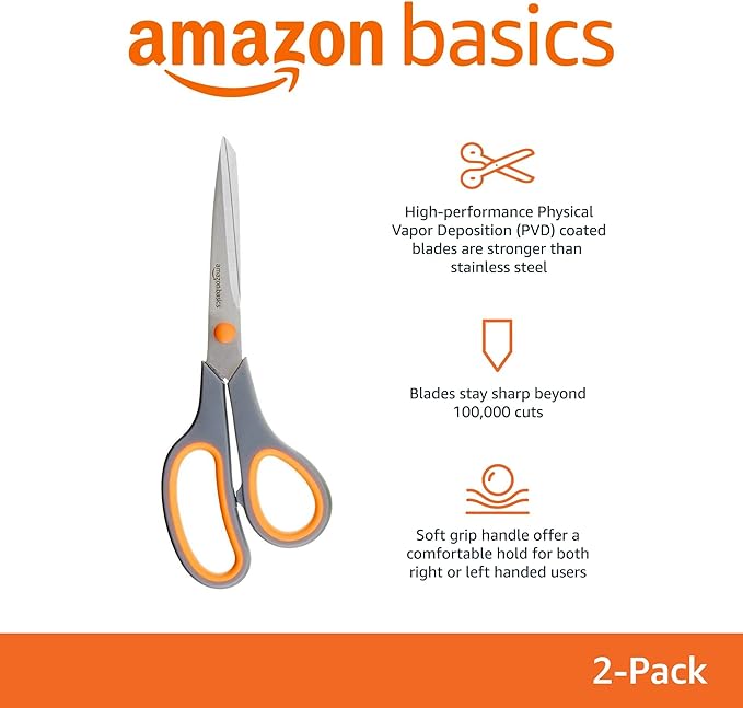 Amazon Basics Stainless Steel Scissors for Office, Crafts, Multipurpose, Sharp, Comfort Grip, PVD Coated, 2 Pack, Green and Grey-DeskLoop Office